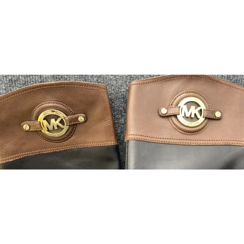 Michael Kors Two-Tone Leather Riding Boots Black Brown Gold MK Logo Size 8.5M